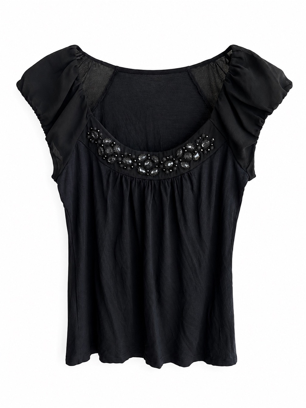 Vintage Y2K RW&CO Black Gem-Embellished Chiffon Cap Sleeve Top Size S